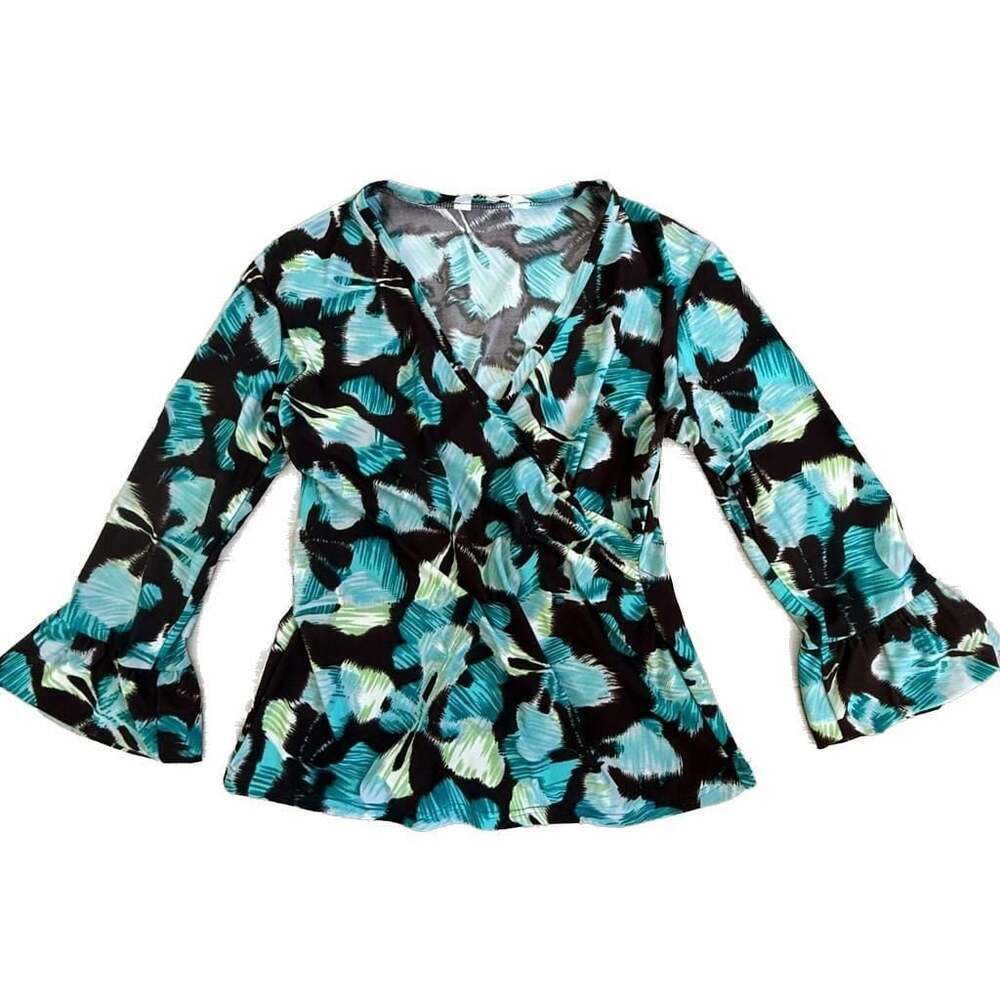 Current Abstract Print Faux Wrap Top Teal Black V-Neck Ruffle Bell Sleeve Blouse